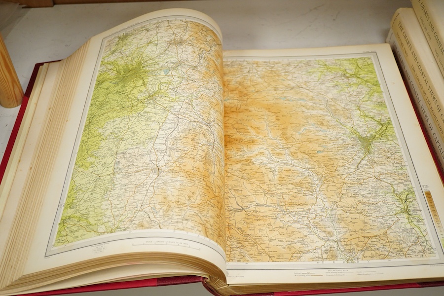 Bartholomew, J.G. - The Survey Atlas of England & Wales ... 84 coloured plates of maps & plans (many d-page); rebound mid 20th century red half morocco and cloth, gilt amorial upper cover, gilt ruled panelled spine, gilt